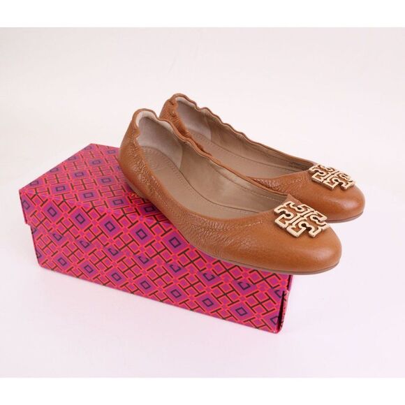 NIB Tory Burch MELINDA Ballet Flats Tumbled Leather in Royal Tan/ Gold in 7.5 - Picture 11 of 11
